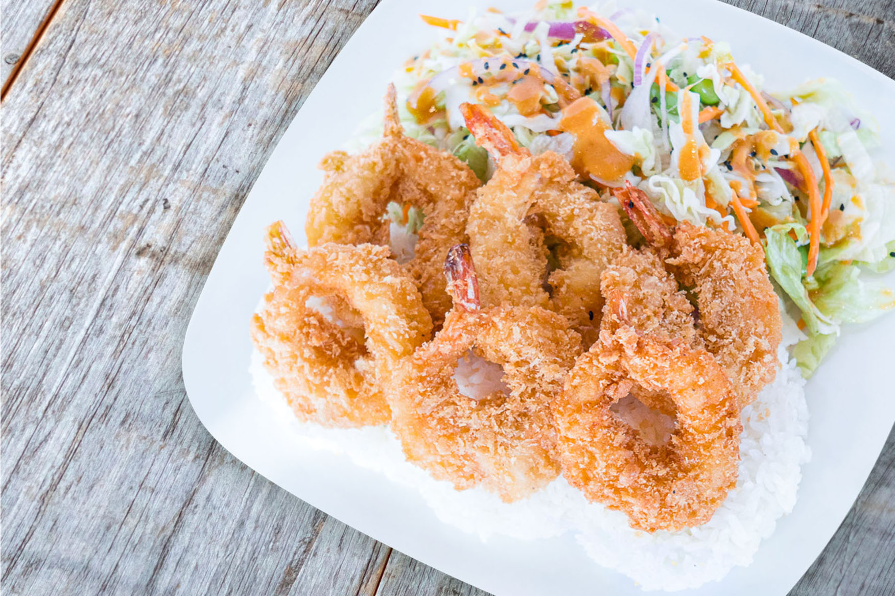 Ono Hawaiian BBQ Crispy Shrimp Aloha Plate
